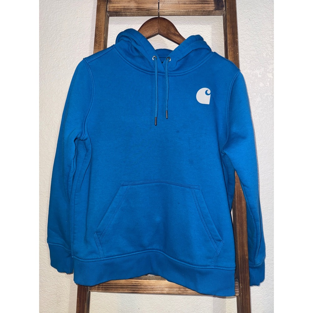 Carhartt Relaxed Fit Hoodie Blue Graphic Logo Sleeve Pullover Sweatshirt Medium